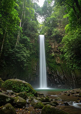 Lush Waterfall in Tropical Rainforest