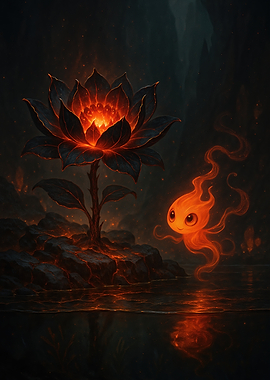 Cinderbloom Lotus and Fiery Pyro-Wisp in an Ancient Cavern