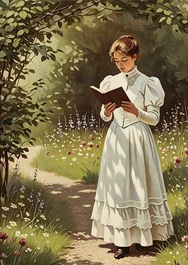 Victorian Woman Reading Book in Garden