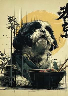 Samurai Dog with Ramen and Pipe