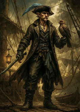 Pirate with Hawk on Ship