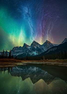 Mountain Reflection Under Aurora Borealis