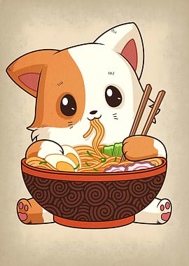 Cute Cat Eating Ramen