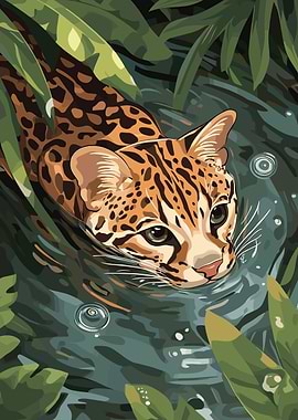 Ocelot Swimming in Water