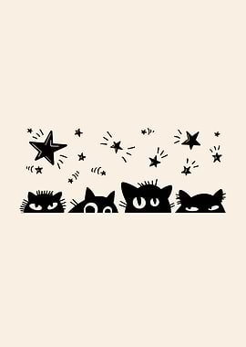 Peeking Cats and Stars Illustration
