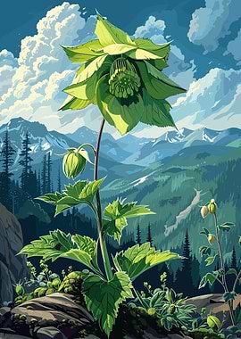 Green Flower in Mountain Landscape