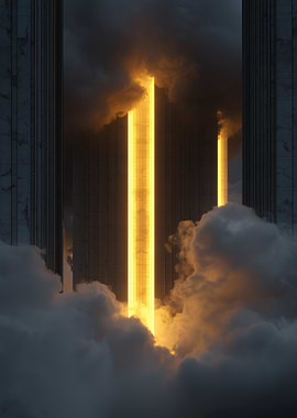 Golden Pillars in Cloudy Sky