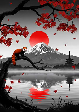 Red Panda and Mount Fuji Landscape