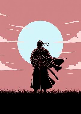 Minimalist Anime Ronin Poster – Black Silhouette Under Pale Blue Moon