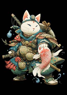Samurai Cat with Koi Fish
