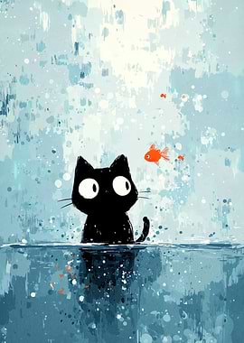 Black Cat and Goldfish Painting