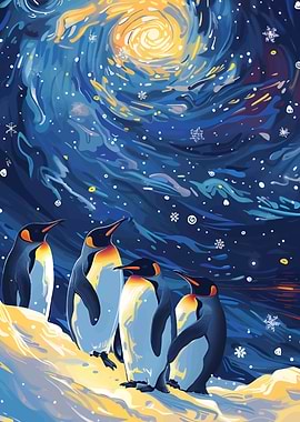 Penguins under a swirling starry sky