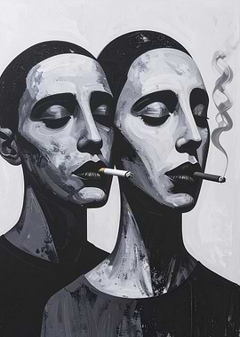 Monochrome Portrait of Two Smoking Figures
