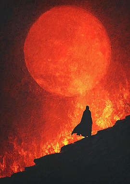 Silhouette under a fiery red moon