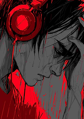 Red Headphones Anime Style Illustration
