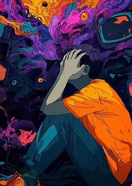 Overwhelmed Boy with Monsters and TVs