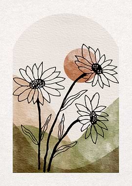 Floral Line Art with Abstract Shapes