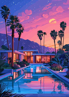 Modern House with Pool at Sunset
