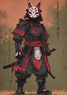 Fox Mask Samurai Warrior Illustration
