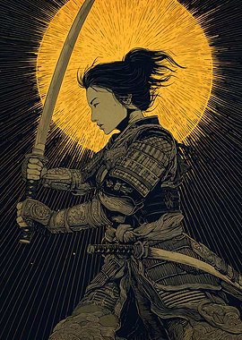Female Samurai with Katana and Sun