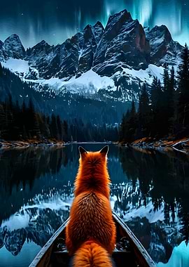 Fox Under Aurora Borealis Northern Lights