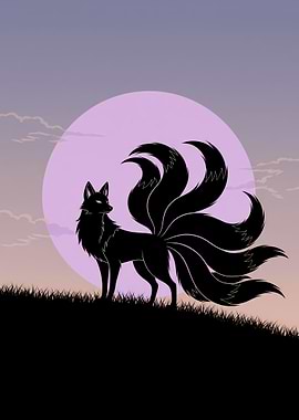 Minimalist Anime Fox Poster – Black Silhouette Under Lavender Dawn Sky