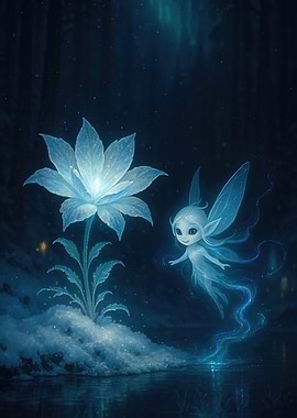 Frostpetal Lily and Glacial Pixie in Enchanted Ice Forest