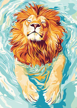 Lion Swimming in Water Illustration