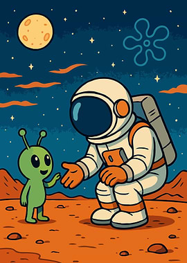 Astronaut and Alien Cartoon Encounter