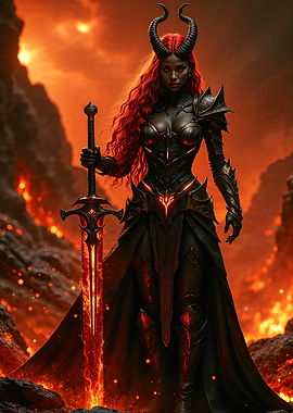Horned Warrior Woman with Flaming Sword