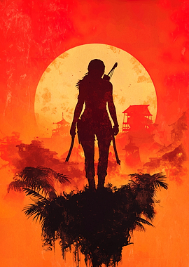 Lara Croft Silhouette with Moon Backdrop