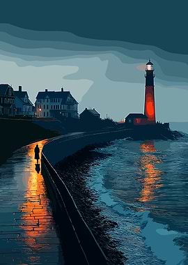 Lighthouse at Night with Walking Figure