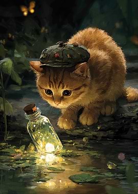 Kitten with Hat and Glowing Bottle