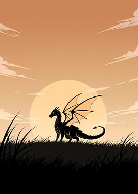 Minimalist Anime Dragon Poster – Black Silhouette Under Warm Dawn Sky