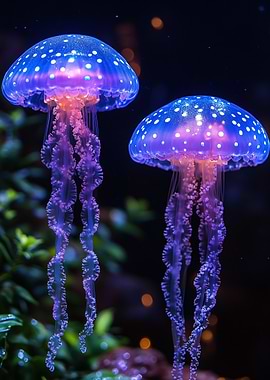 Two Jellyfish in Dark Water