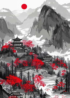 Asian Landscape with Red Trees