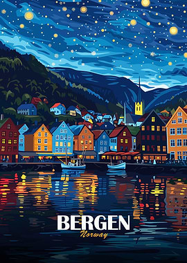 Bergen Norway Nightscape Illustration