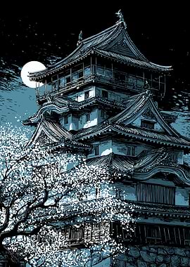 Japanese Castle Under Moonlight with Cherry Blossoms