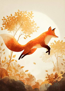 Leaping Fox in Autumn Landscape