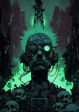 Cyberpunk Cyborg with Skulls and Tower