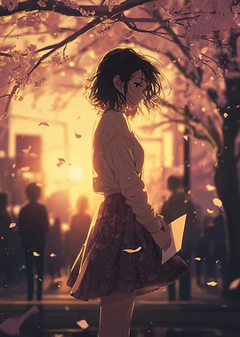 Anime Girl in Cherry Blossom Setting
