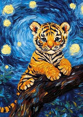 Tiger Cub in Starry Night Style