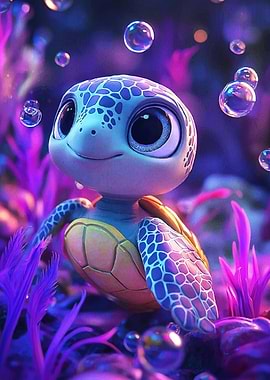 Cute Cartoon Turtle Underwater