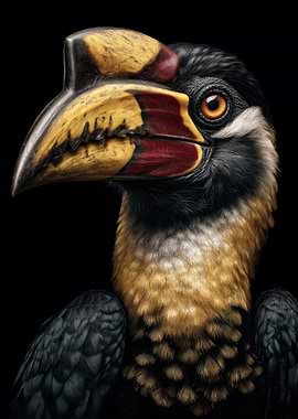 Rufous Hornbill Portrait on Black Background