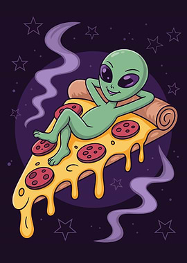 Alien Relaxing on Pizza in Space
