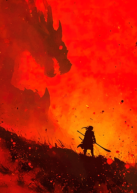 Dragon and Warrior in Fiery Landscape
