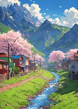 Anime Landscape with Cherry Blossoms