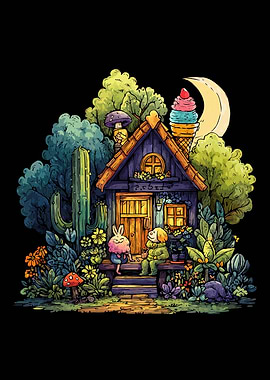 Whimsical Cottage Scene with Animals