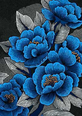 Blue Floral Pattern with Gray Leaves