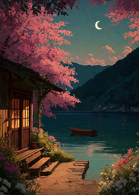 Lakeside Cabin Under Cherry Blossoms